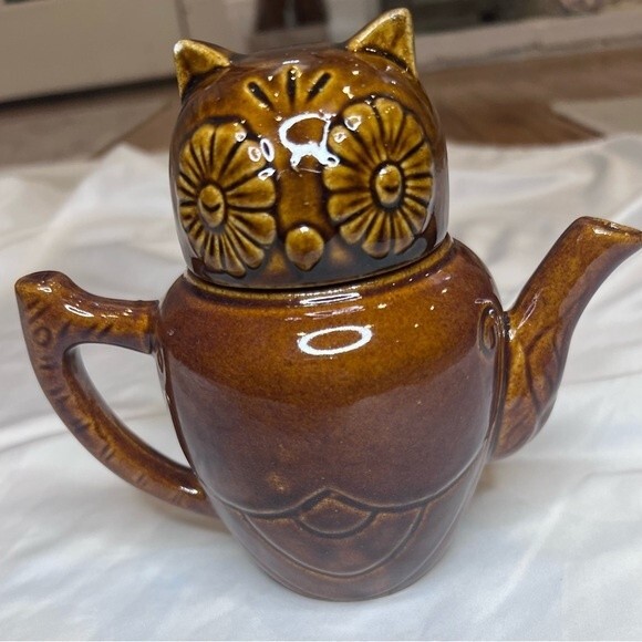 Vintage Boho Owl Teapot Brown Glazed Ceramic 70s Owl 1 Cup w/ Lid 5 3/4" Tall - Picture 1 of 11